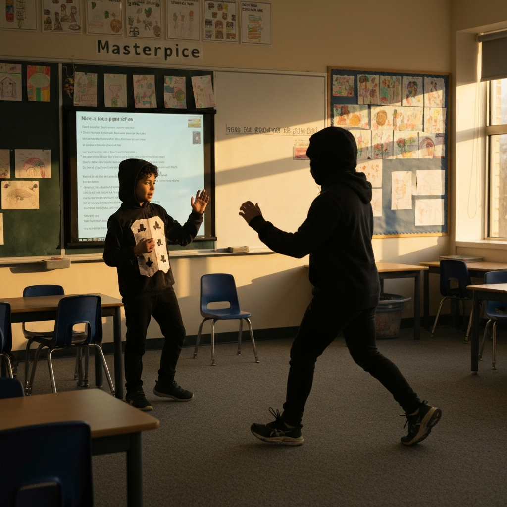 A child dressed in a costume, giving a presentation to the class. The classroom is decorated with student artwork. Natural light fills the space.