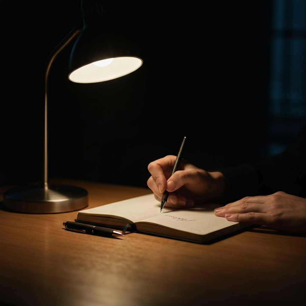 A close-up of a journal resting on a wooden desk, bathed in the soft glow of a table lamp. A pen lies beside it, and a hand just begins to write a word in neat cursive. The textures of the paper and wood are sharply defined with strong sidelight.