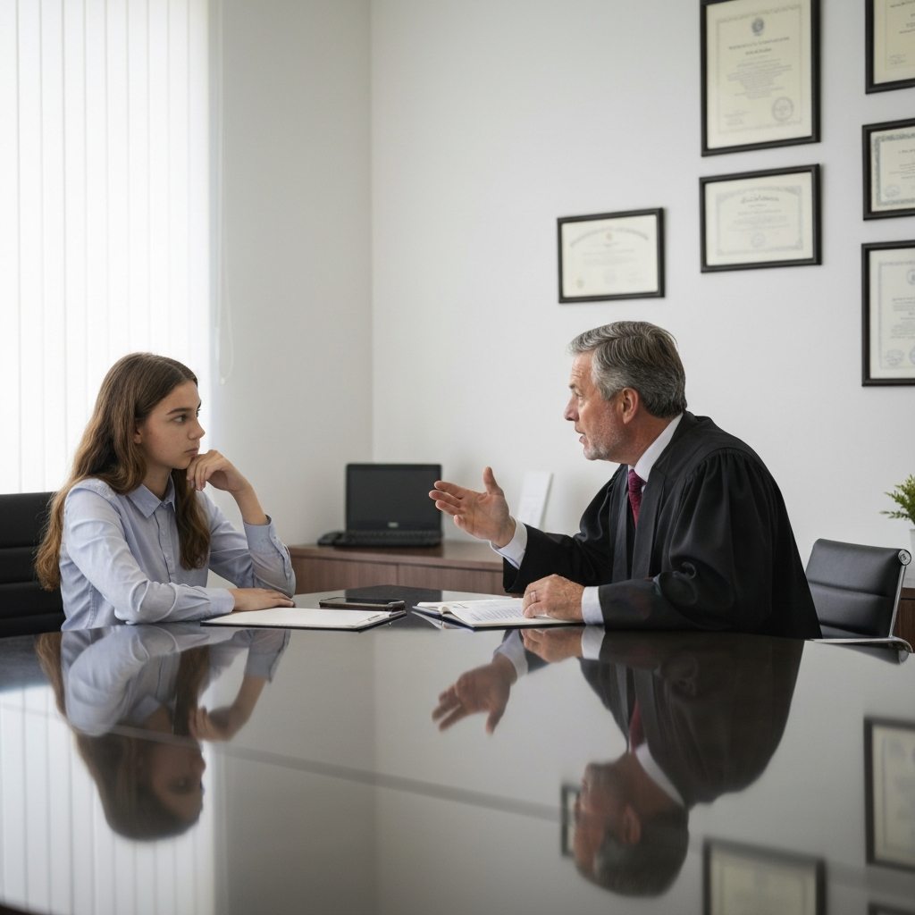 A young person sits at a polished conference table with a mature lawyer in a well-lit office. The lawyer gestures while speaking, and the teen looks on with thoughtful concentration. Soft bokeh blurs the diplomas on the wall behind the lawyer.