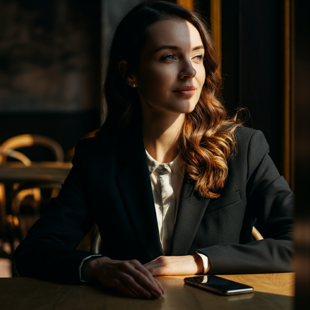 A woman sits alone at a cafe table, gazing out the window with a serene expression. Her phone is face-down on the table. The sunlight creates a warm glow on her face and shoulders.