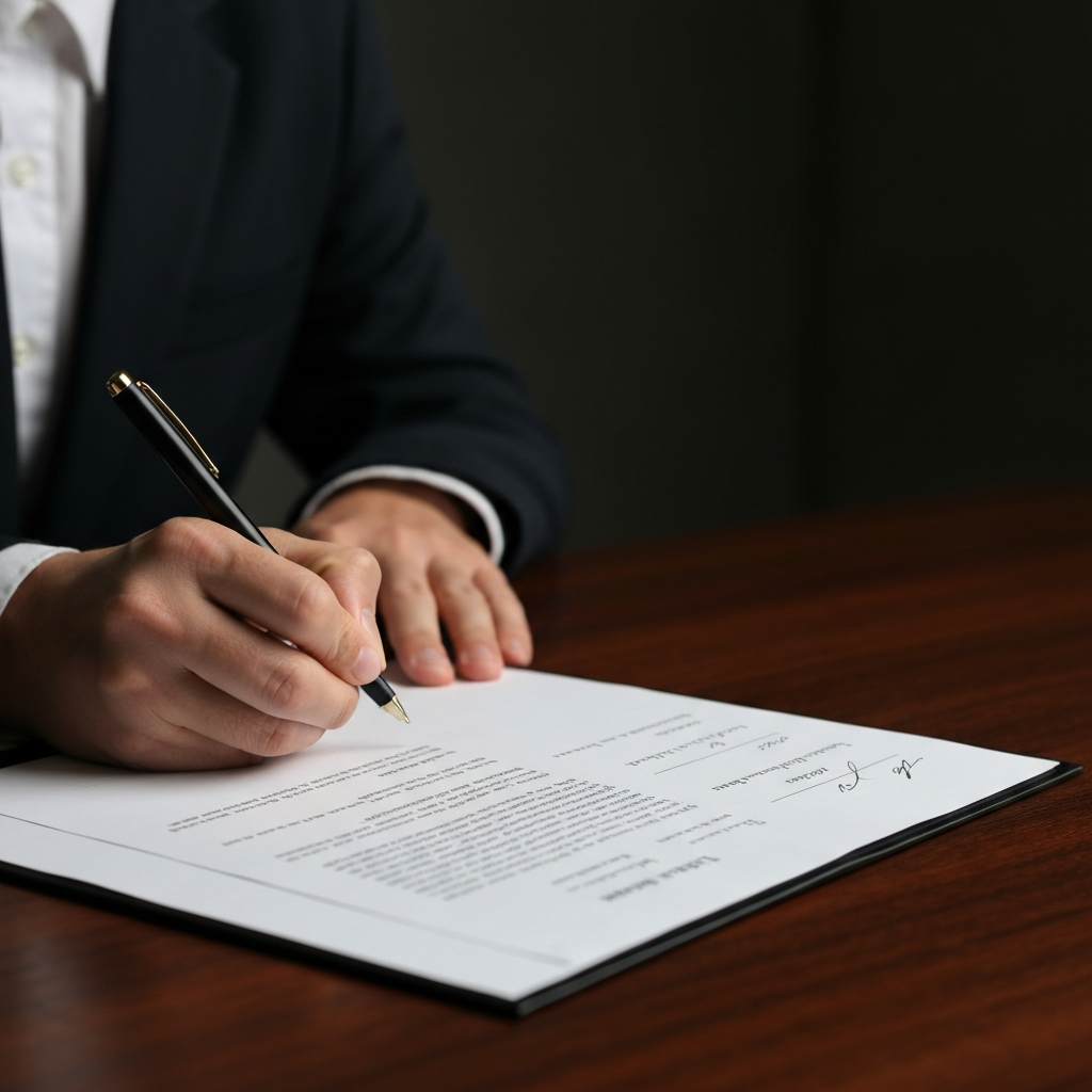 A hand signing a legal document on a dark wood table. The document is partially visible, showing formal legal language. The scene is side-lit, highlighting the weight of the signature.