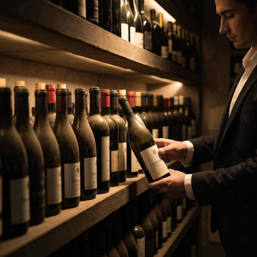 A dimly lit wine cellar with rows of dusty bottles, showcasing different shapes and labels. Soft, warm light highlights the texture of the corks and glass. A person in professional attire is gently touching a bottle.