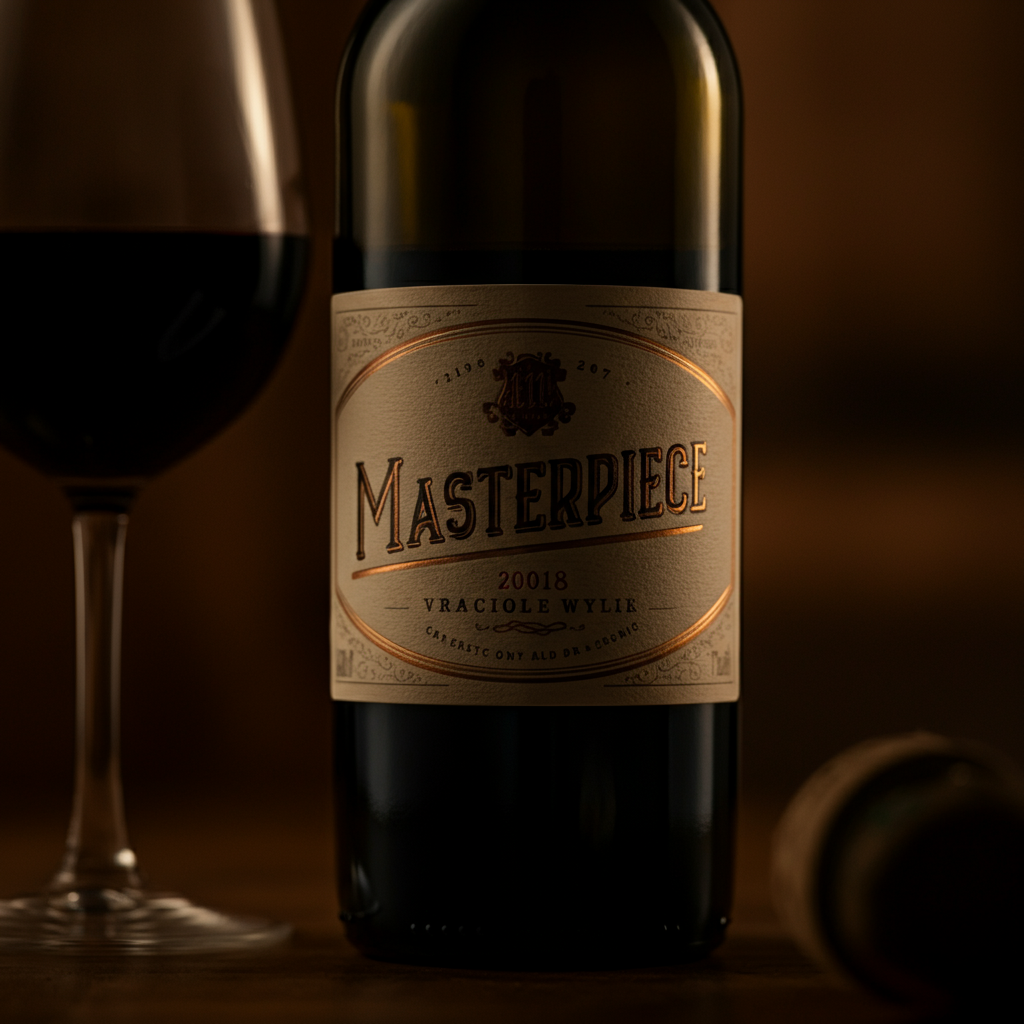 Close-up shot of a wine label under bright, focused light, revealing intricate details of the typography and design. The background is blurred, creating a soft bokeh effect.