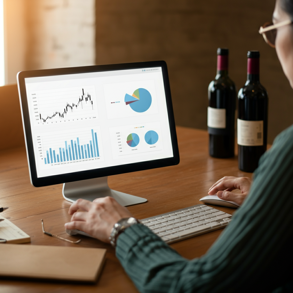 A person in a well-lit office, working on a computer with charts and graphs displaying wine market trends. The lighting is natural and highlights the textures of the wooden desk.