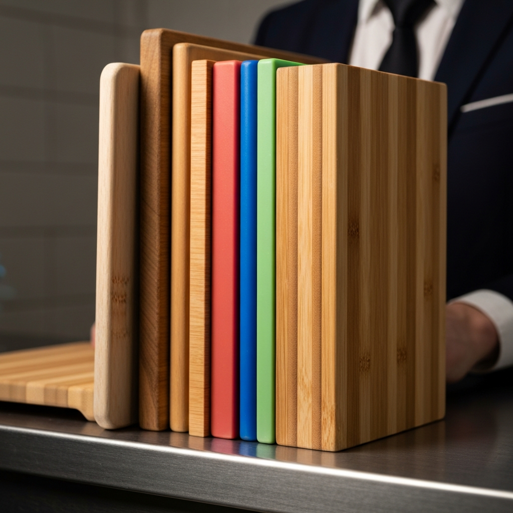 A close-up of various cutting board materials – wood, plastic, and bamboo – arranged side-by-side on a stainless-steel countertop. Soft, diffused light illuminates the textures of each material. The wood board shows its natural grain, the plastic board is a vibrant color, and the bamboo board reveals its layered structure.