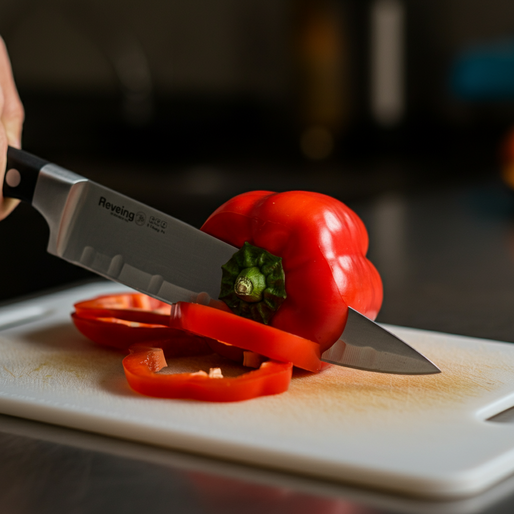 A close-up shot of a plastic cutting board with a slightly textured surface. A chef's knife rests on the board, partially cutting through a red bell pepper. The lighting is bright and even, showcasing the texture of the plastic and the vibrant color of the pepper.