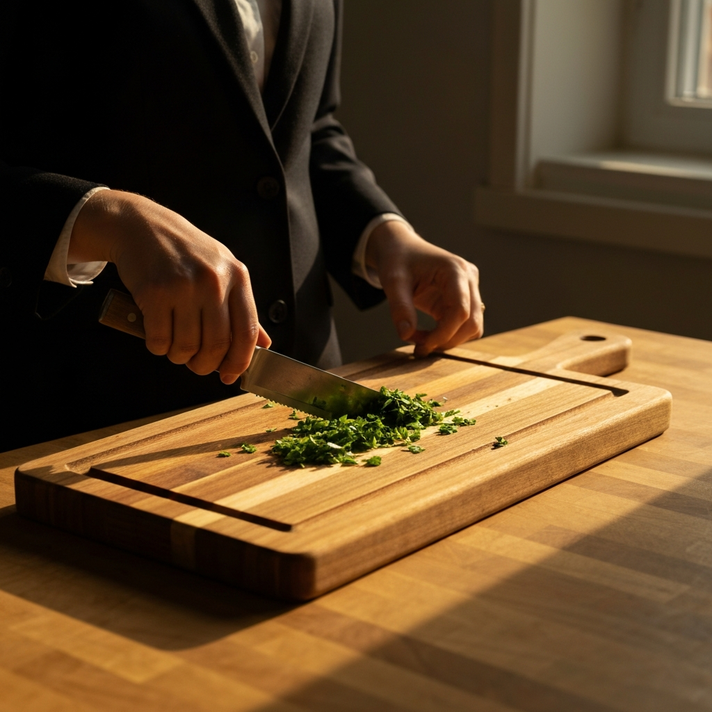 A wooden cutting board with visible wood grain sits on a butcher block countertop. The cutting board is partially covered with freshly chopped herbs. Golden hour lighting streams in from a nearby window, casting warm shadows and highlighting the natural texture of the wood.