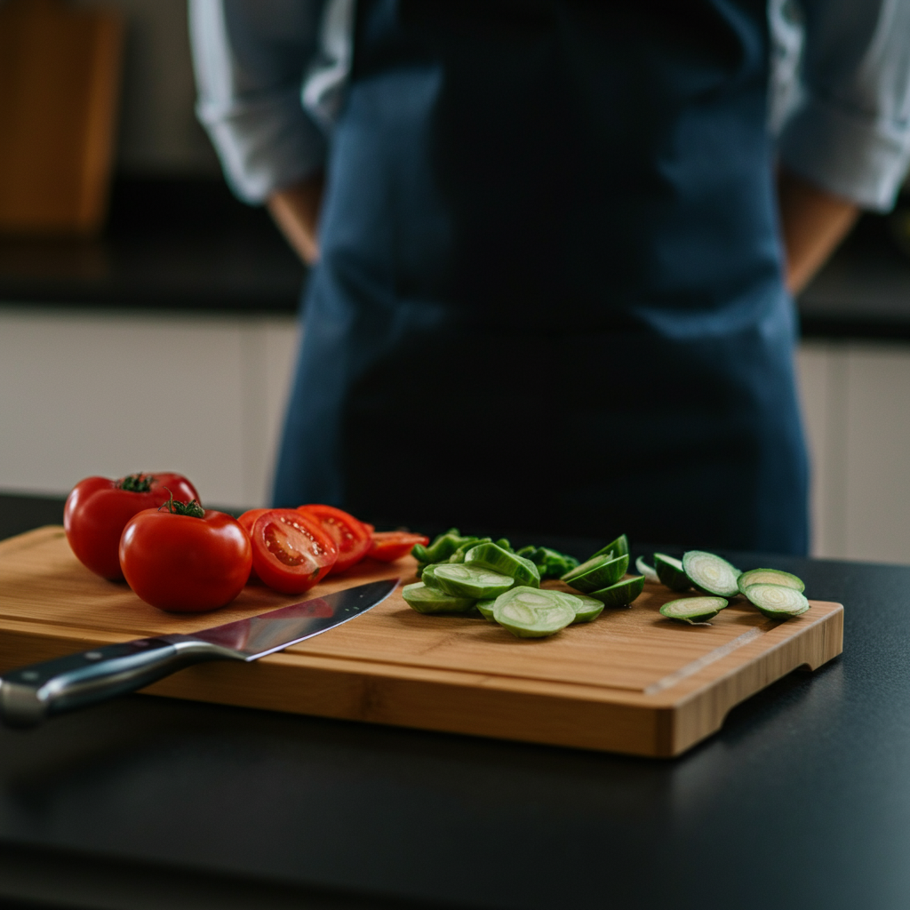 A bamboo cutting board on a kitchen island with several freshly cut vegetables arranged neatly. The scene is side-lit, emphasizing the grain and layered structure of the bamboo. A stainless-steel knife lies to the side, ready for use. The background is blurred, creating a soft and inviting atmosphere.
