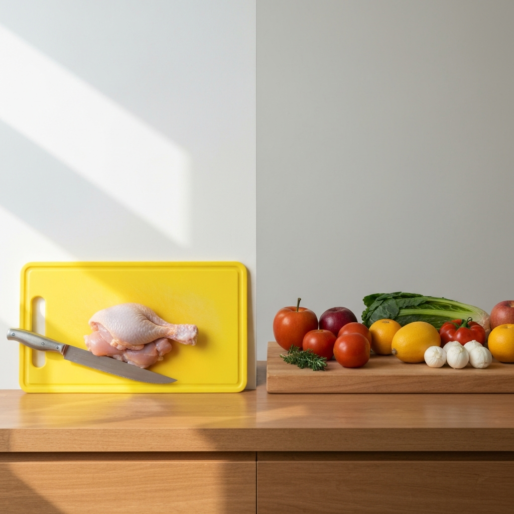 Two cutting boards side-by-side on a kitchen counter. One is a bright yellow plastic cutting board with raw chicken on it, the other is a wooden cutting board with various fruits and vegetables. The lighting is bright and even, highlighting the separation of the two boards and the different types of food on each.
