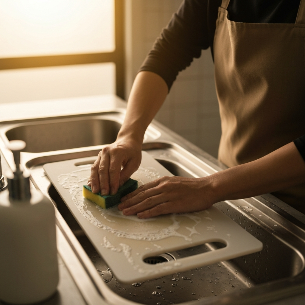 A person wearing an apron cleans a plastic cutting board with a sponge and soapy water in a stainless-steel sink. The lighting is bright and focused, highlighting the cleaning process and the texture of the plastic surface.