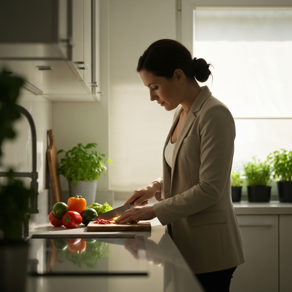 A woman in a modern kitchen, chopping colorful vegetables on a wooden cutting board. Sunlight streams in from a nearby window, highlighting the textures of the produce. Soft bokeh on a countertop herb garden.