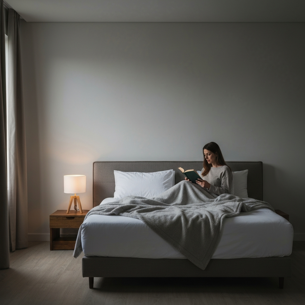 A cozy bedroom scene. A woman sits propped up in bed with a soft blanket, reading a book by the warm light of a bedside lamp. The room is dimly lit, with a minimalist aesthetic.