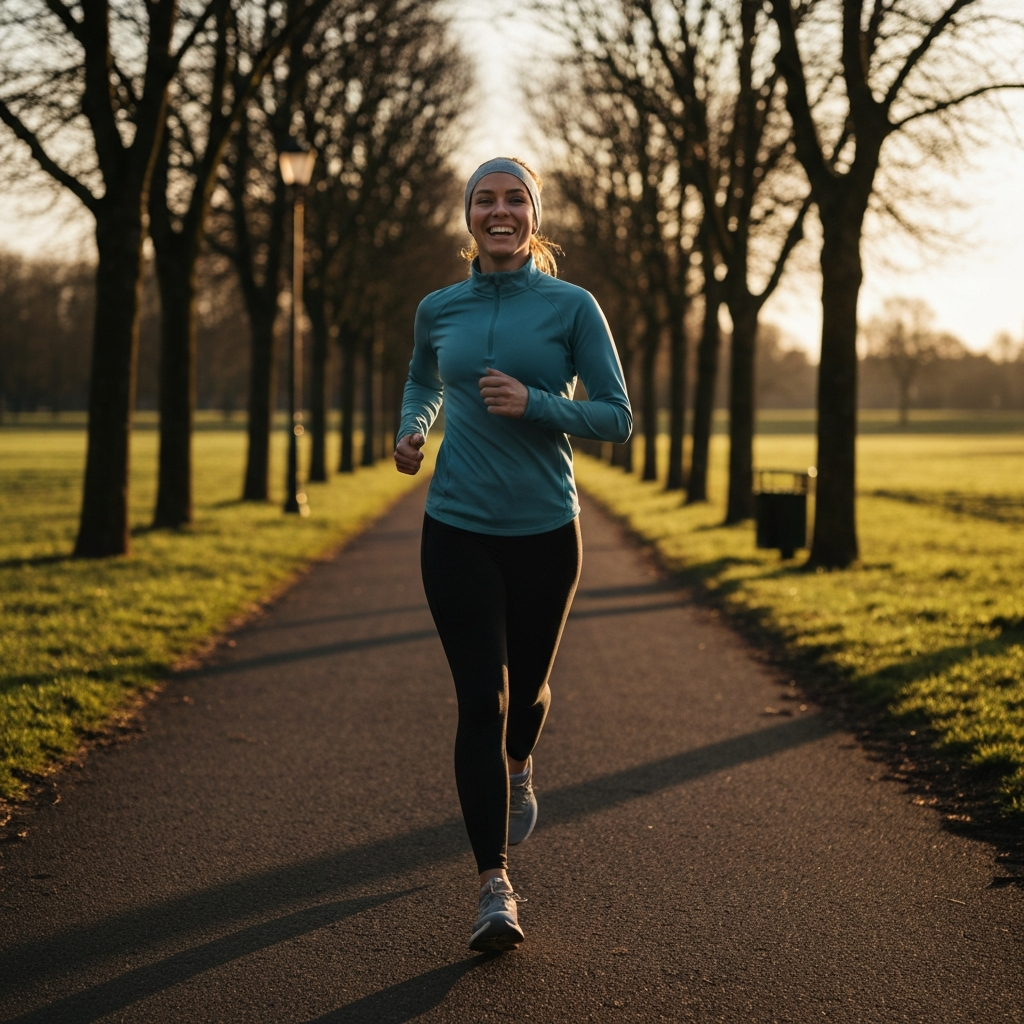 A woman in athletic wear smiles brightly while jogging in a park during golden hour. Trees line the path, casting long shadows. The air is crisp and the lighting is warm.