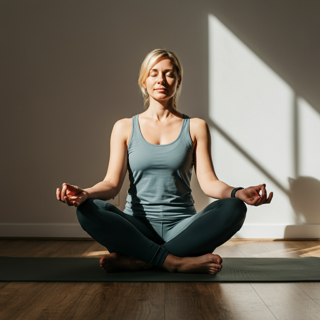 A woman sitting cross-legged on a yoga mat, meditating in a peaceful, sunlit room. Her eyes are closed and she has a serene expression on her face. Soft, natural light fills the room.