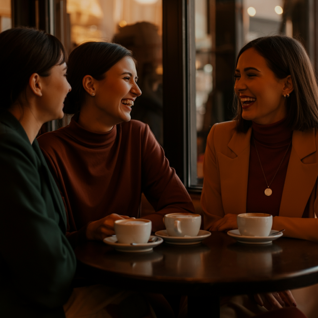 Three women laughing and talking together at a cafe. They are sitting at a table with cups of coffee, and the atmosphere is warm and inviting. The background is slightly blurred, creating a sense of intimacy.