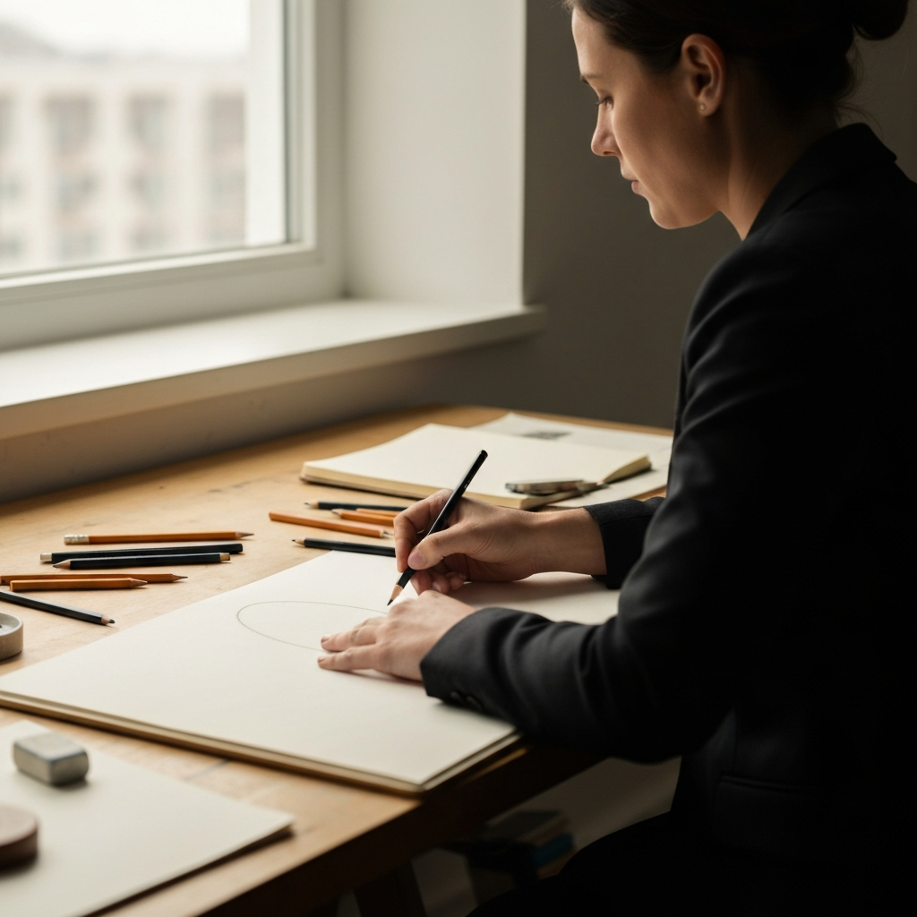 A bright, uncluttered art studio. A drawing table is bathed in soft, diffused light from a large window. The table holds a sketchbook, various pencils, and an eraser. The hand of an artist is shown lightly sketching an oval on the paper.