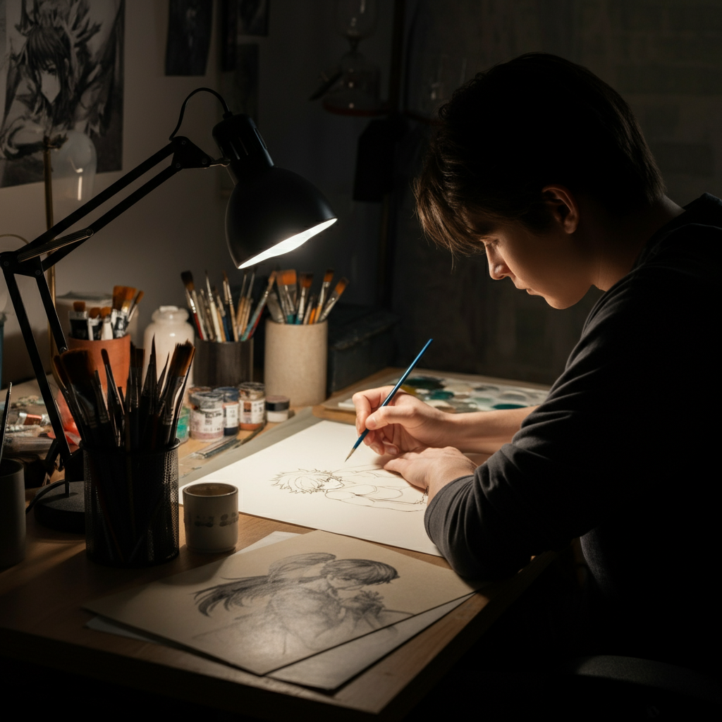 A professional artist's workstation. Various art supplies are neatly organized on the desk. The artist is focused, their brow furrowed slightly in concentration as they sketch the arm of an anime figure. A lamp casts a warm, focused light on their workspace.
