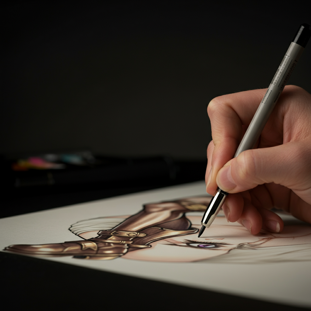 An artist sketching the legs of an anime character, using the established guidelines. The scene is rendered with soft, natural lighting, emphasizing the texture of the paper. The focus is on precision and attention to detail.