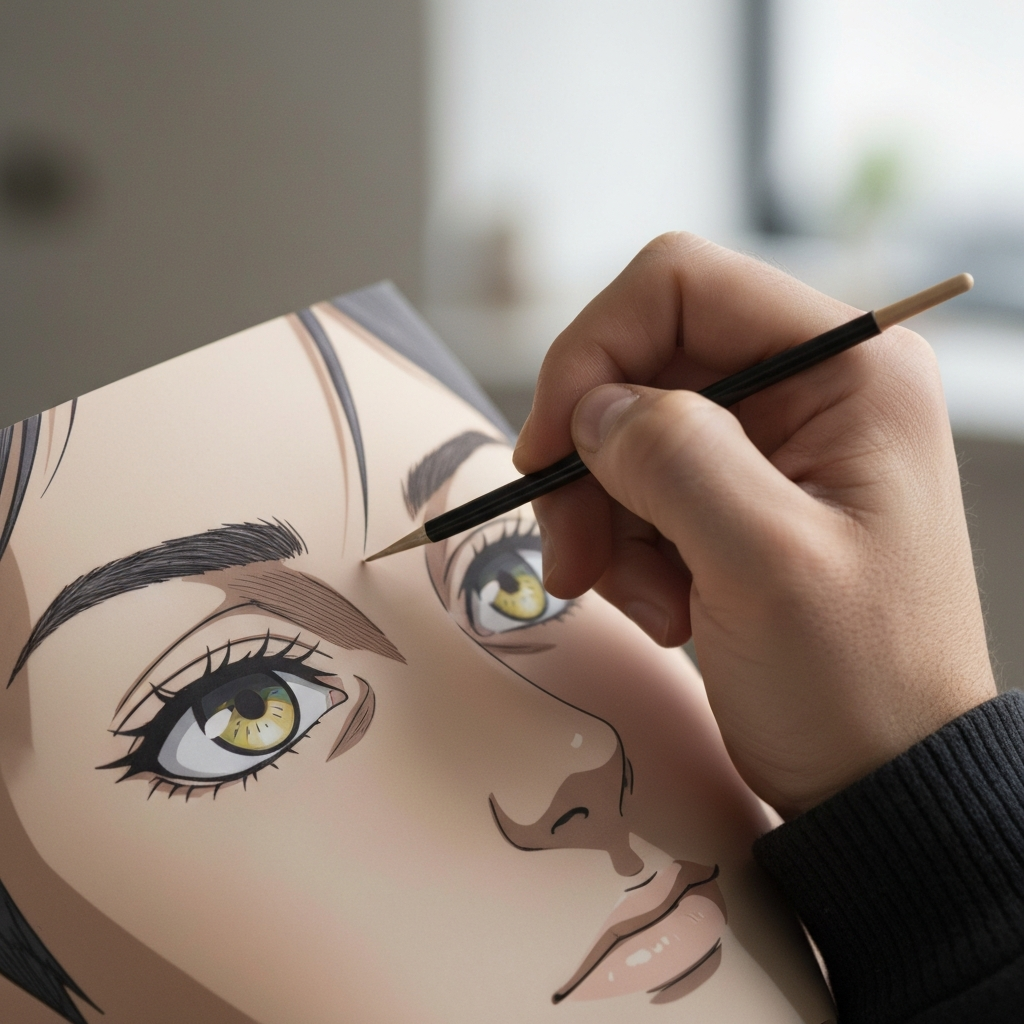A close-up shot of an artist's hand meticulously adding detail to the eyes of an anime character. The lighting is soft and flattering, showcasing the intricate lines and shading.