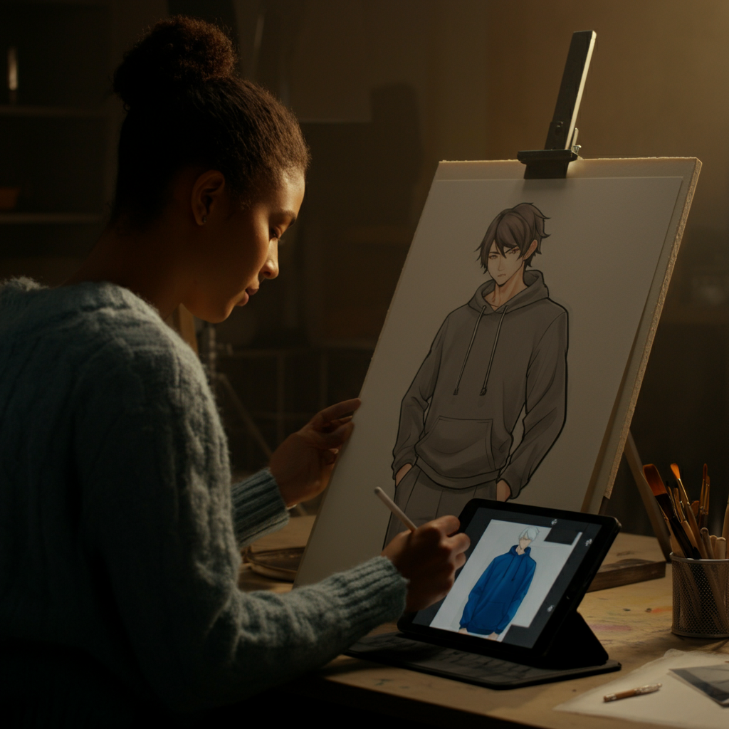 An artist sketching clothing onto an anime character using a reference photo of a person wearing a similar outfit on a tablet placed to the side. The studio is well-lit and organized.
