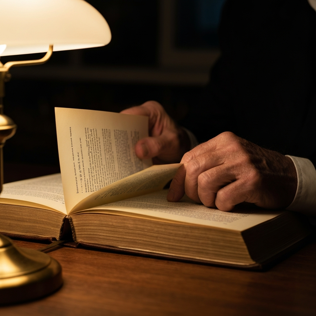 Close-up shot of aged hands carefully turning pages of a large, leather-bound history book. Soft, warm light from a nearby antique lamp illuminates the text. Focus on the texture of the paper and the intricate details of the bookbinding.