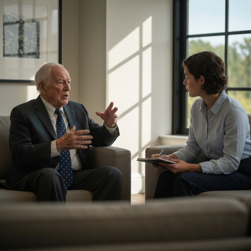 A medium shot of two individuals, an older veteran and a younger person, seated in a comfortable living room. The veteran is speaking with a thoughtful expression, while the younger person is listening attentively with a notebook in hand. Natural light streams in from a window, casting a warm glow on their faces.