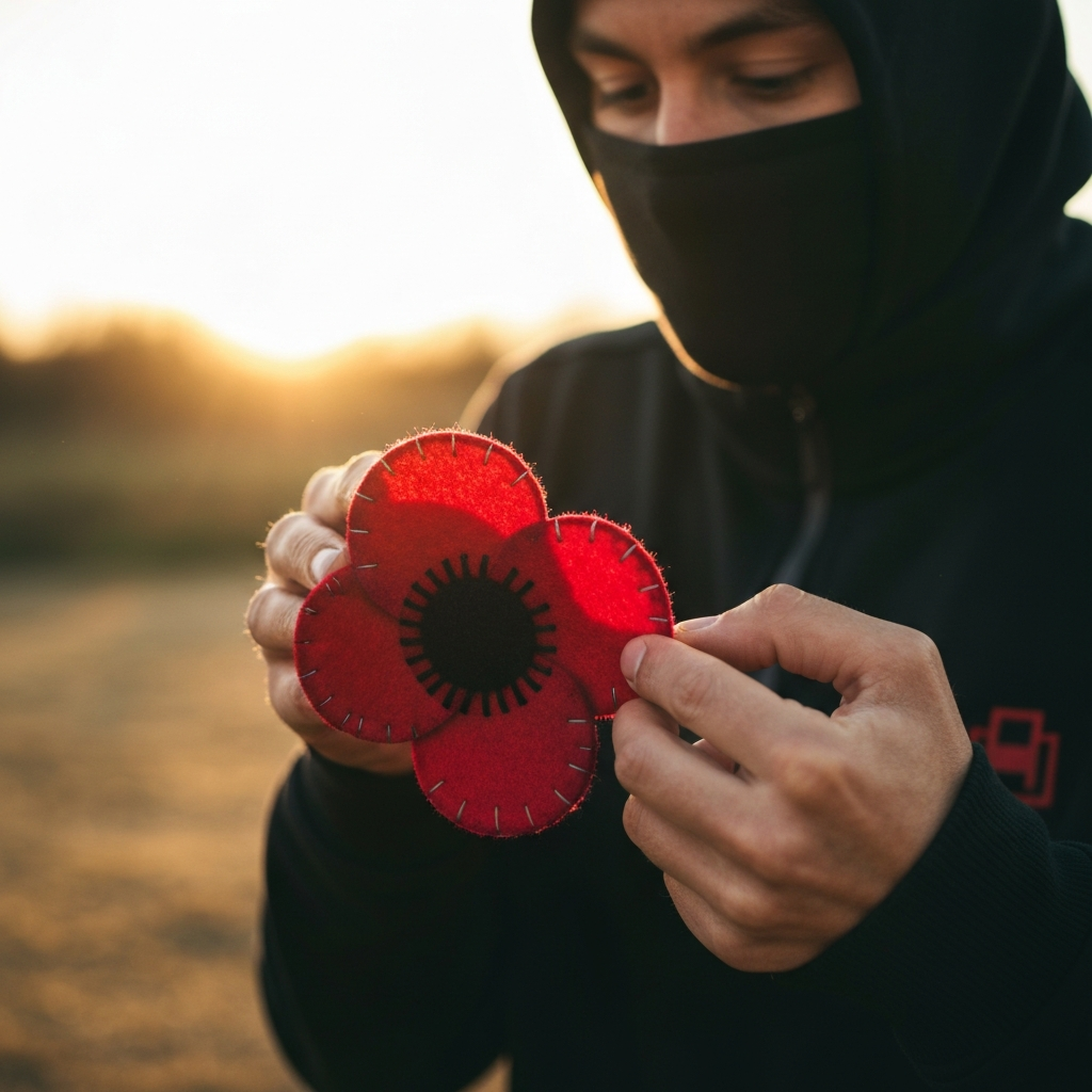 A close-up shot of hands carefully assembling a poppy from red and black felt. The texture of the felt is emphasized, and the stitching is neat and precise. Soft, diffused light highlights the vibrant colour of the poppy.