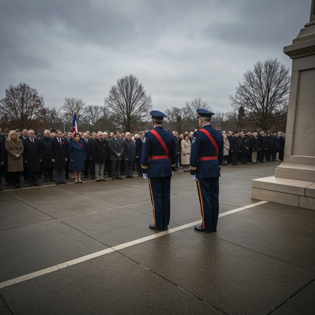 A wide shot of a Remembrance Day ceremony at a cenotaph. A crowd of people stands silently, heads bowed in respect. Veterans in uniform stand at attention. The scene is overcast, with a solemn and respectful atmosphere.