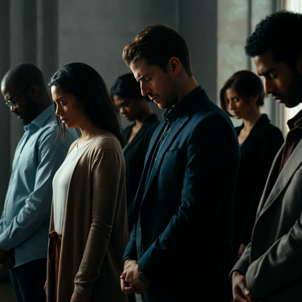 A medium shot of a diverse group of people standing silently with their heads bowed. The scene is brightly lit, with a focus on the peaceful and reflective expressions on their faces.