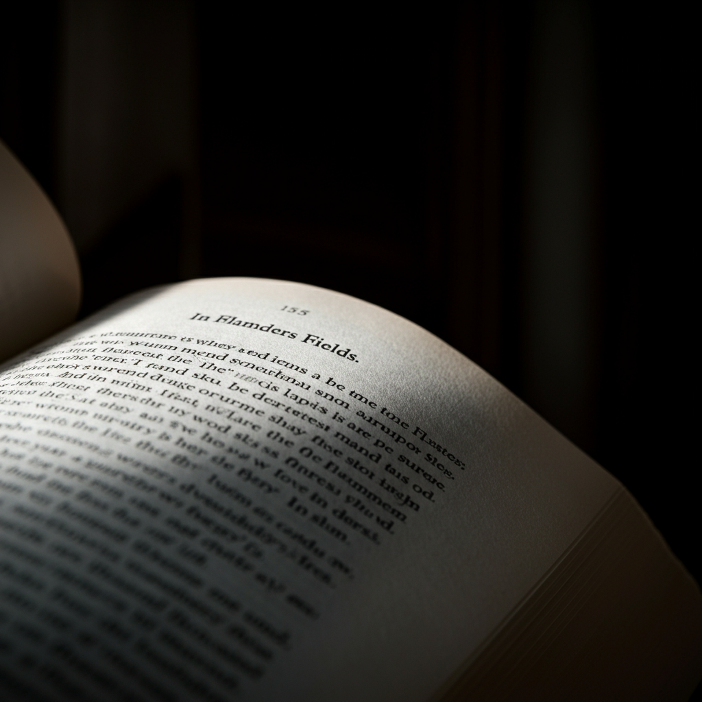 A close up shot of an open book with the poem "In Flanders Fields" on the page. Soft light shines on the text, emphasizing the words. Focus on the texture of the paper and the elegant font of the poem.