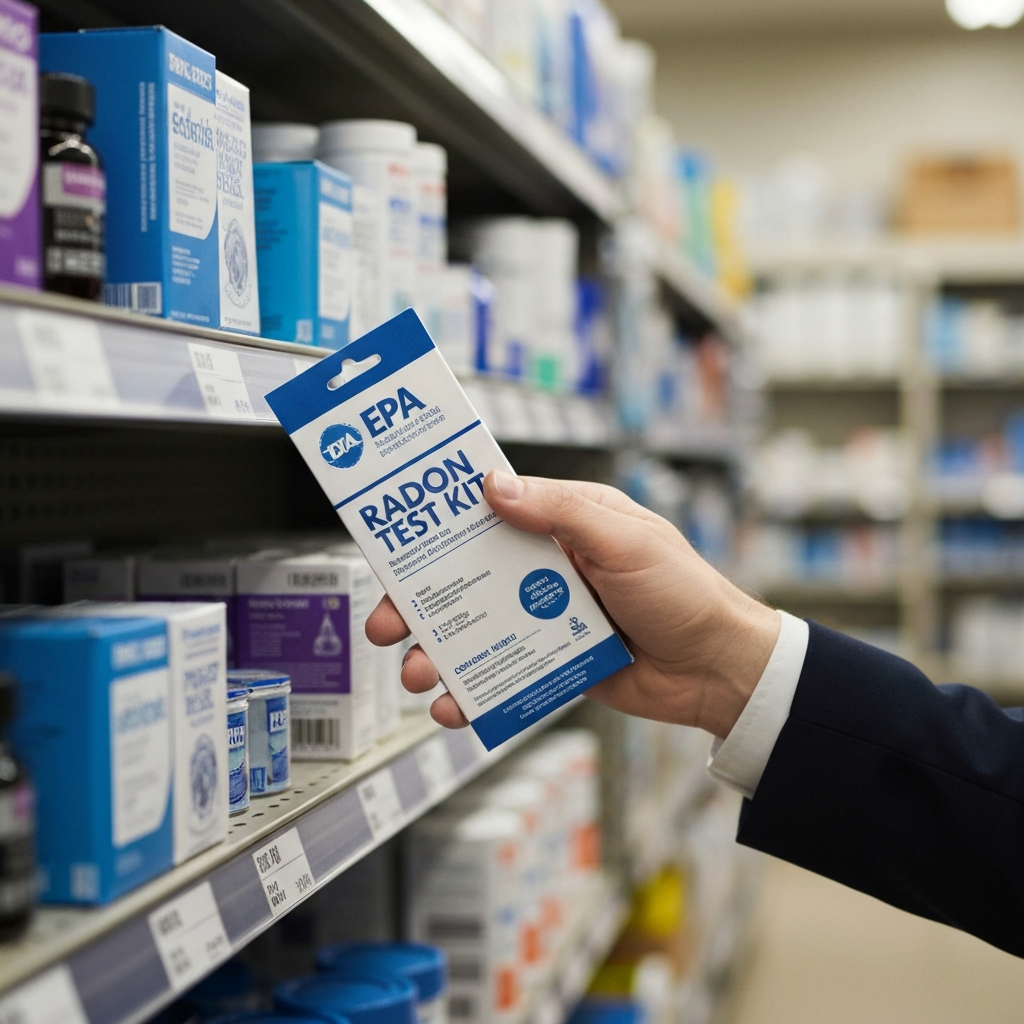 Close up shot of a hand selecting a radon test kit from a shelf in a well-lit hardware store. The focus is on the kit's packaging, emphasizing the EPA logo and key information. Soft bokeh in the background shows other hardware supplies.
