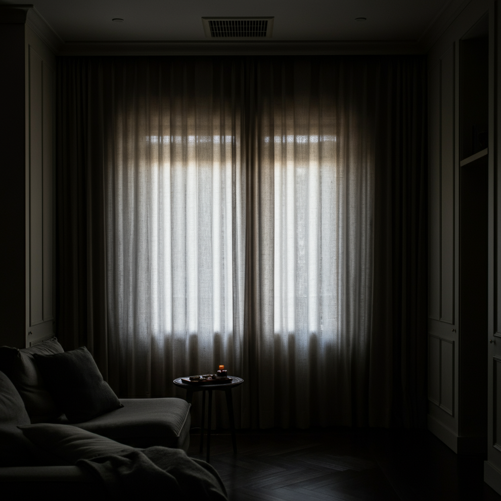 A cozy living room interior with closed windows, showcasing sheer curtains diffusing soft natural light. A central air conditioning vent is subtly visible in the ceiling. The overall composition conveys a sense of calm and preparation.