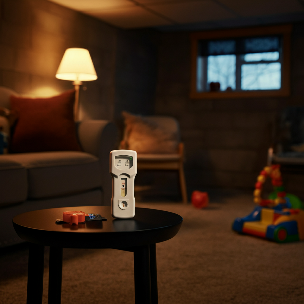 A well-lit basement playroom with a radon test kit placed on a small table, approximately 2 feet above the floor. Toys are scattered around the room, and a soft lamp provides ambient light. The composition suggests a lived-in, family-friendly environment.