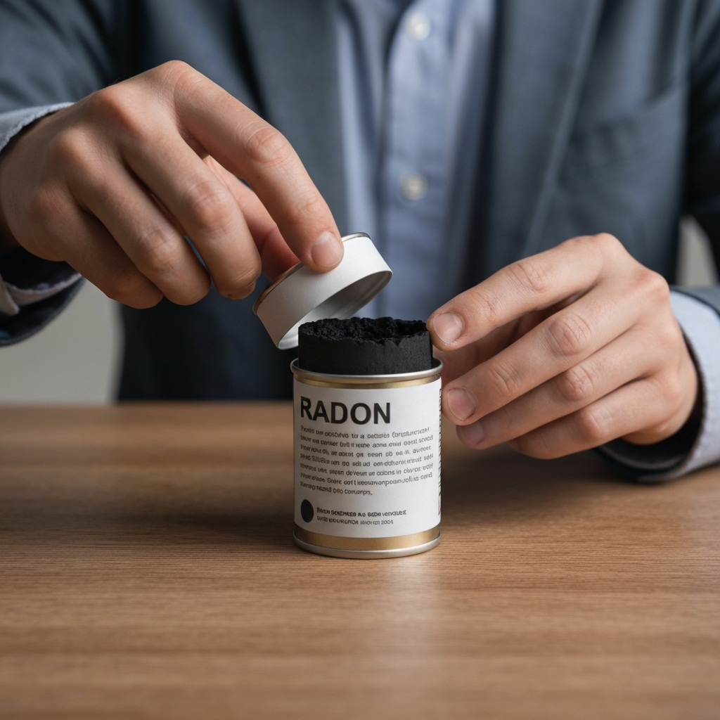 Hands carefully opening a radon test kit, revealing a charcoal canister. The canister is placed on a wooden table in a softly lit room. The composition focuses on the texture of the charcoal and the precision of the hand placement.