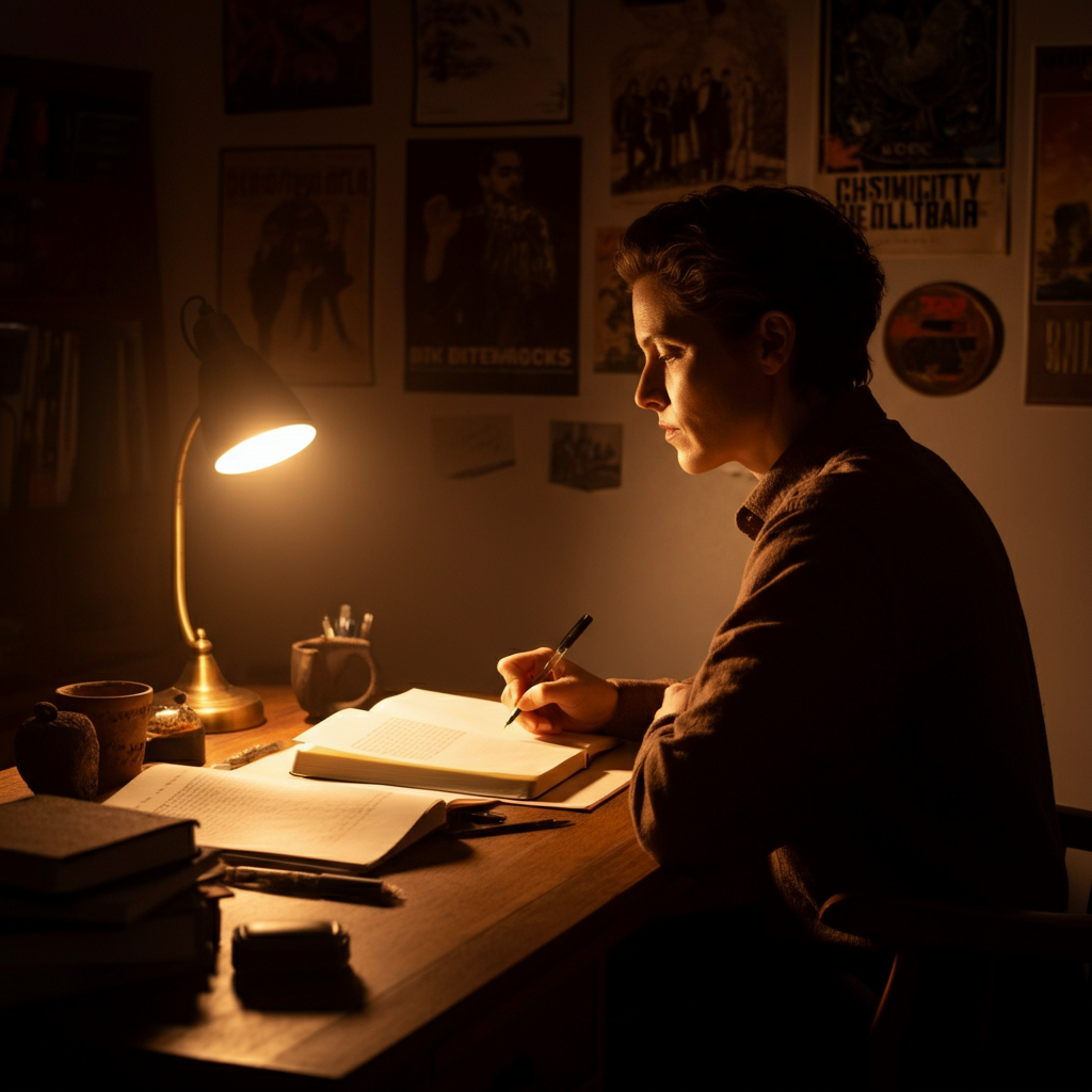 A softly lit study. A person sits at a desk, gazing thoughtfully at a journal, pen in hand. The room is decorated with posters of indie bands and a dimly lit lamp casts long shadows on the wall. Soft bokeh in the background.