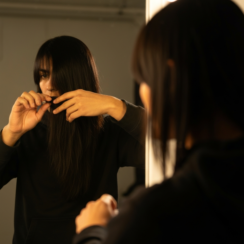 A young adult standing in front of a mirror, carefully styling long, dark hair with side-swept bangs. The lighting is soft and diffused, accentuating the texture and shine of the hair. The background is slightly blurred, focusing attention on the individual's reflection.
