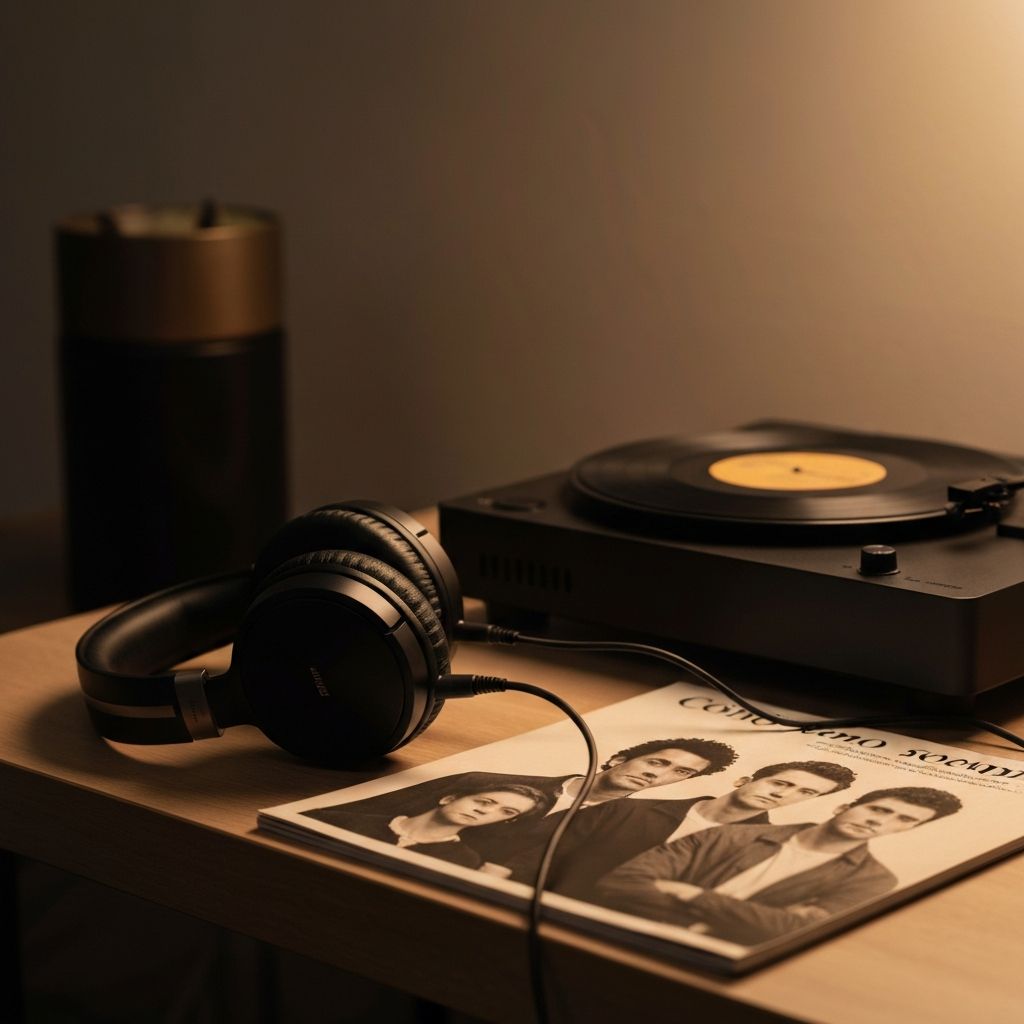 A pair of headphones resting on a table next to a vinyl record player. An album cover from a well-known emo band is partially visible. The lighting is warm and inviting, creating a cozy atmosphere. Soft focus on the background elements.