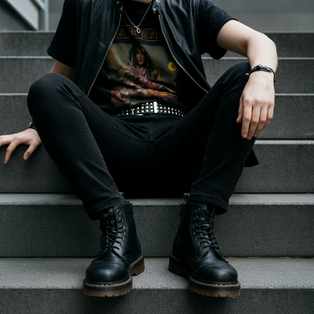 A person is sitting on steps, wearing black skinny jeans, a band t-shirt, and combat boots. A studded belt is visible around their waist. The lighting is natural and slightly overcast, highlighting the details of the clothing and accessories.