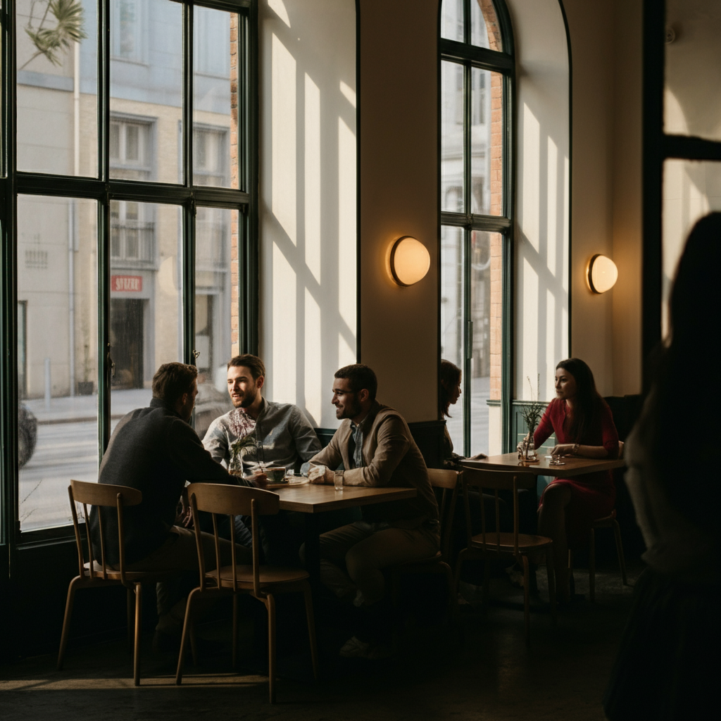 A group of friends gathered in a cafe, engaging in conversation. The atmosphere is relaxed and informal. Soft, natural light filters through the windows, creating a warm and inviting ambiance. The focus is on the genuine interaction between the friends.