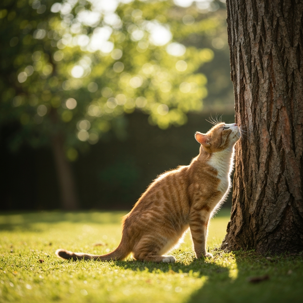 A cat cautiously sniffing a tree trunk in a sun-dappled backyard, soft bokeh in the background.