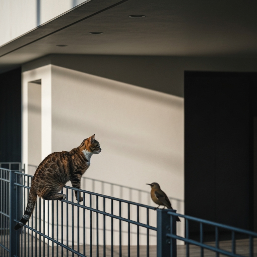 A cat perched on a fence, intently watching a bird in a nearby tree, early morning light casting long shadows.