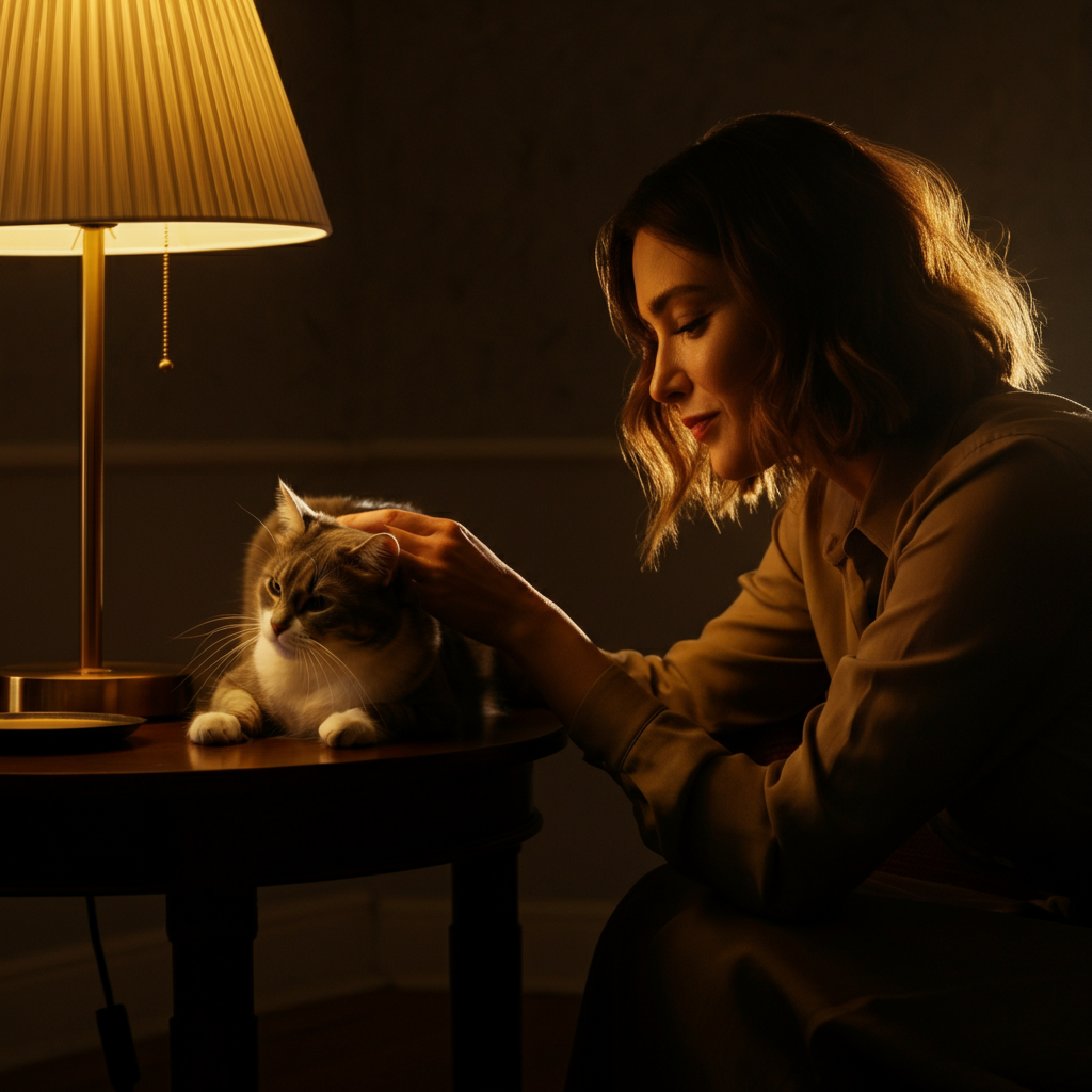A woman petting a cat in her living room, warm lighting from a table lamp illuminating the scene.