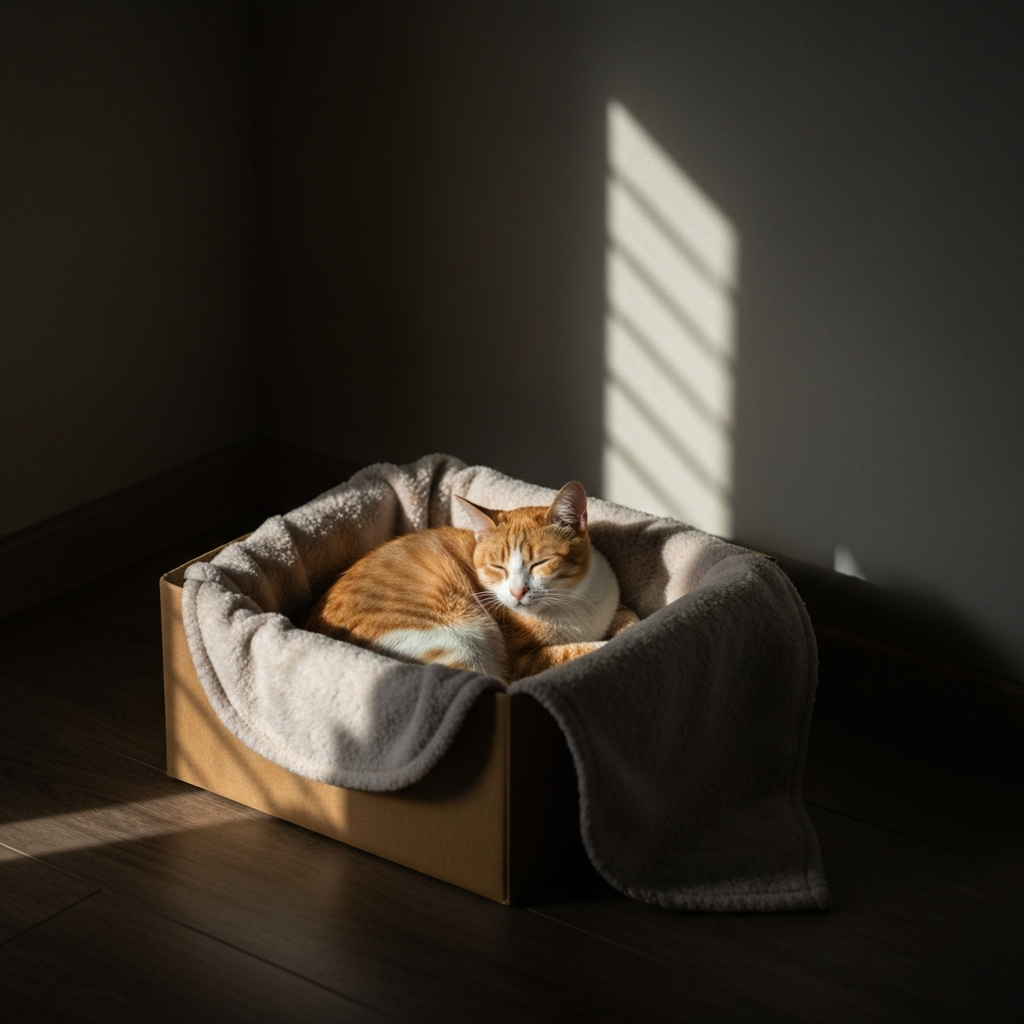 A cat curled up in a cardboard box lined with a soft blanket, dimly lit room with soft shadows.