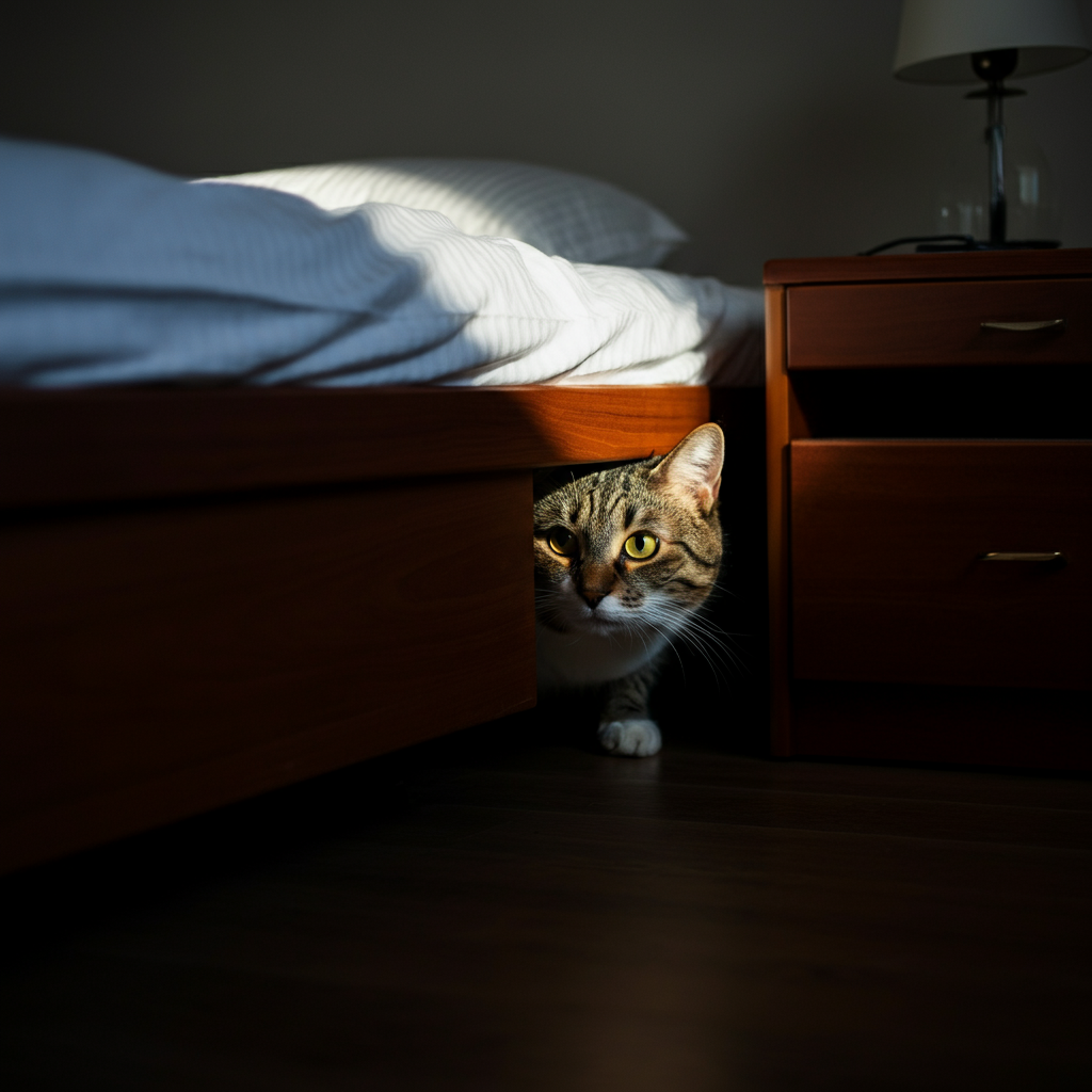 A cat hiding under a bed, peeking out cautiously, natural light streaming in from a window.