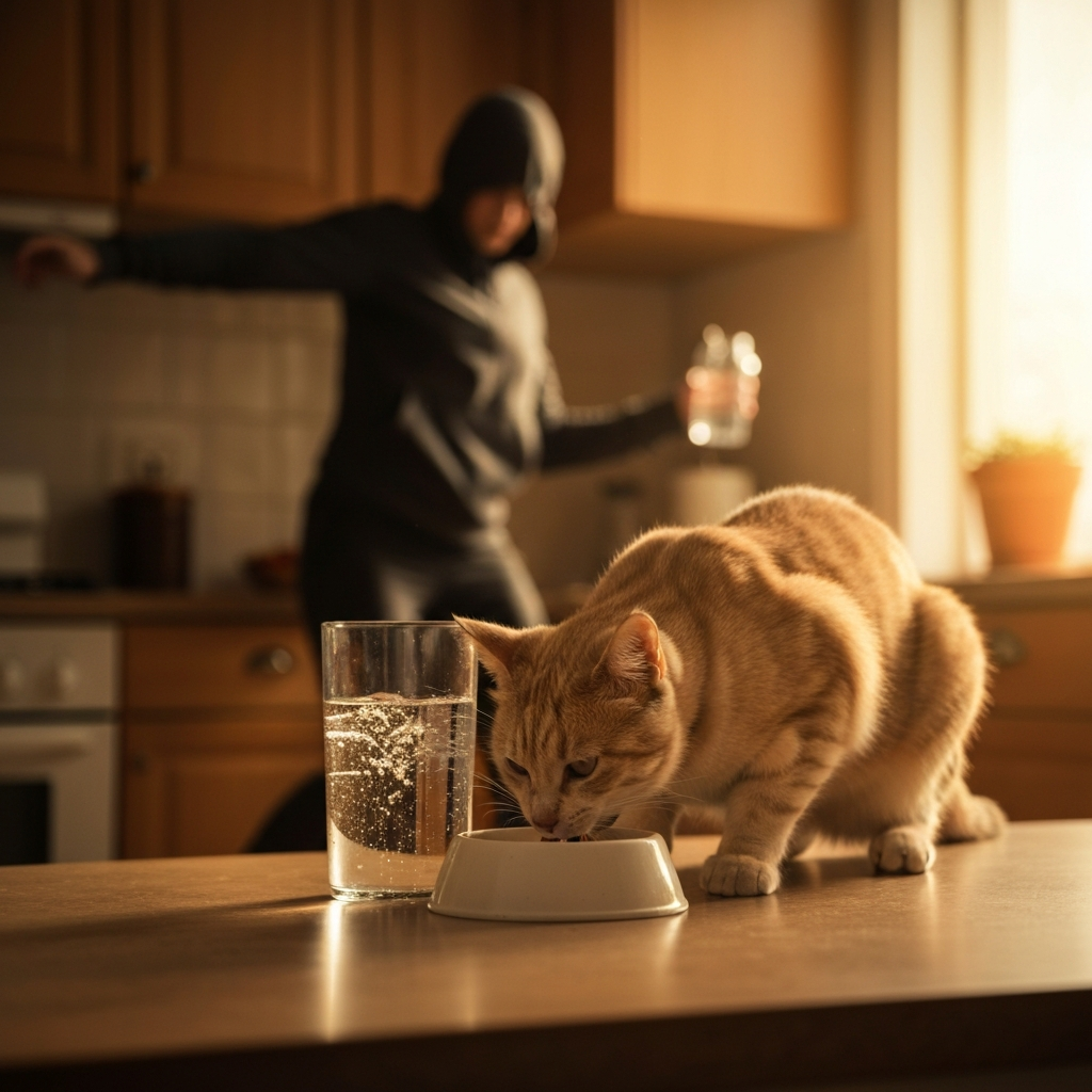 A cat eating from a clean food bowl, with fresh water nearby, warm, inviting kitchen environment.