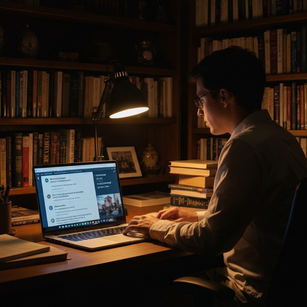 A warmly lit study. A person sits at a desk, illuminated by a soft lamp, researching on a laptop. The laptop screen displays search results about the history of Pokemon and Snopes. The room is filled with books and scholarly artifacts creating an ambiance of intense research.
