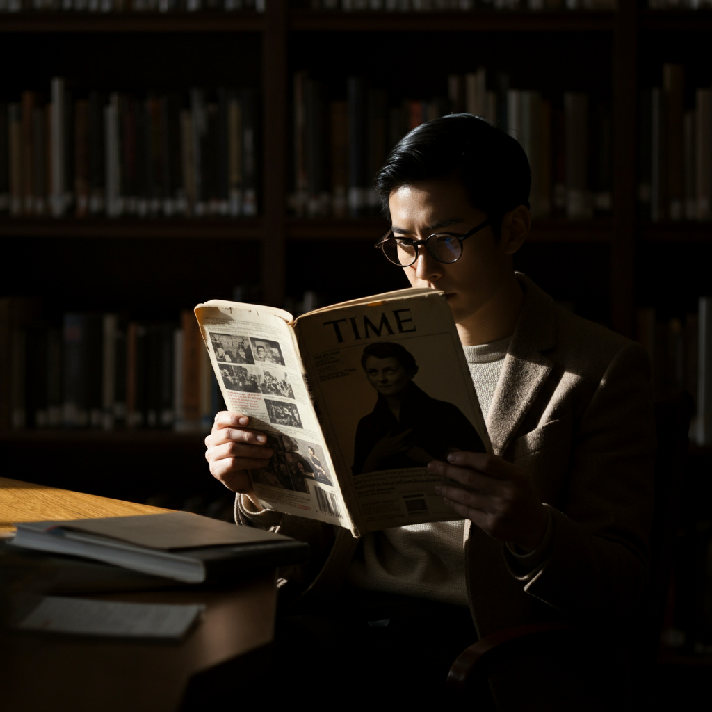 A bright, naturally lit library. A person is carefully reading a vintage copy of TIME magazine. The lighting is soft and diffused, highlighting the texture of the magazine paper. The person is wearing glasses and appears intently focused.