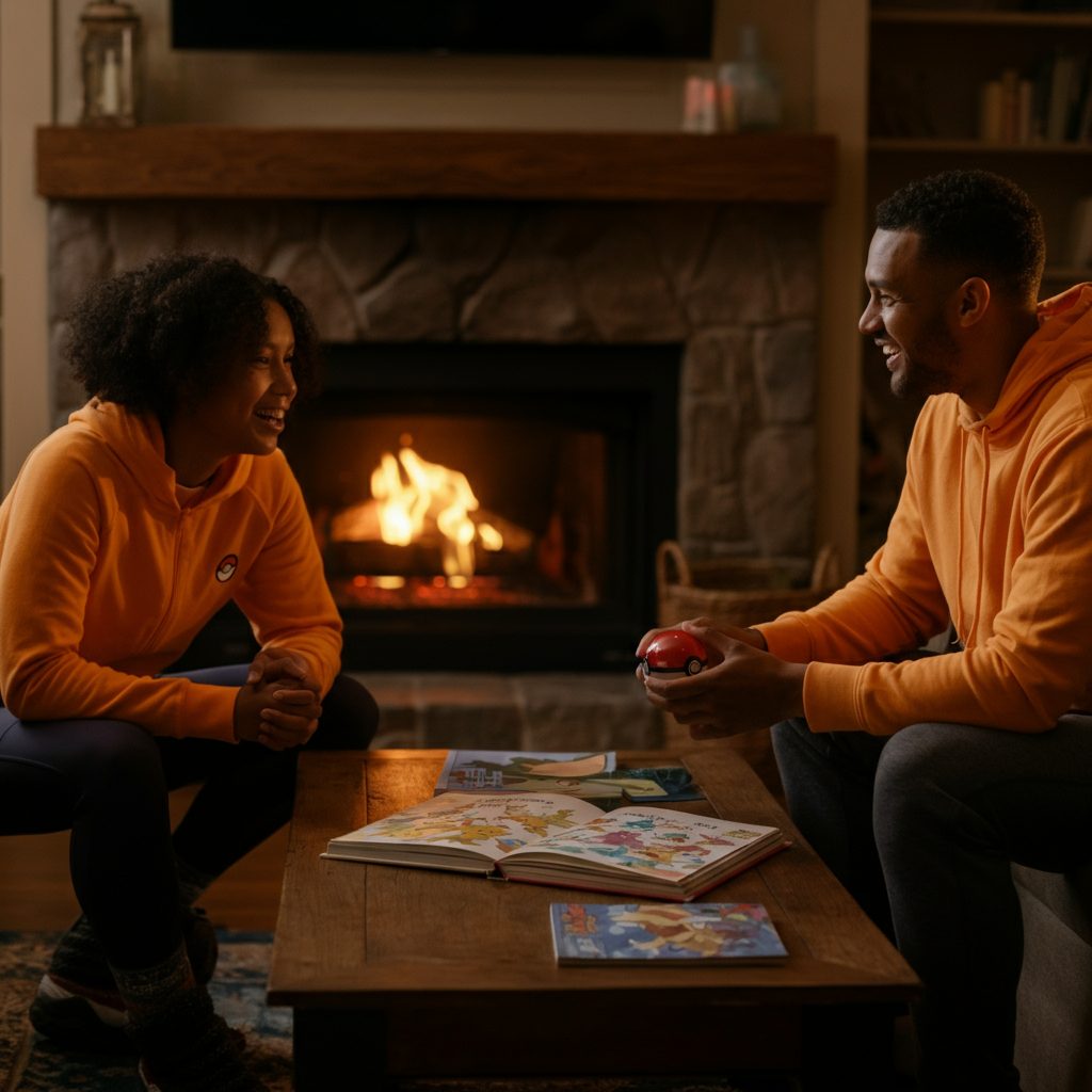 A cozy living room bathed in the warm glow of a fireplace. A family is gathered around a coffee table, laughing and talking. On the table is an open book with colorful illustrations of Pokémon. The scene is filled with warmth and joy.