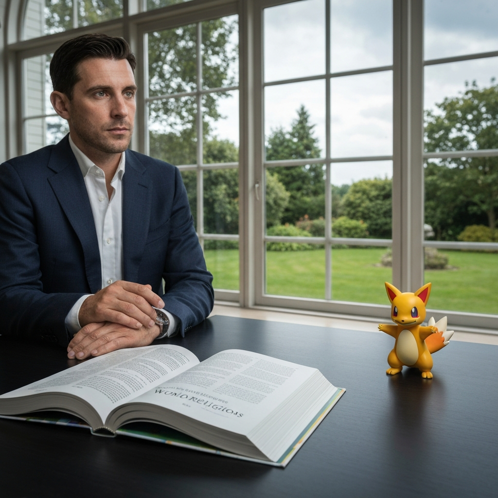 A sun-drenched office with large windows overlooking a serene garden. An open textbook on world religions lies on a desk, next to a thoughtfully placed figurine of a Pokémon. The scene conveys a sense of thoughtful consideration and intellectual exploration.
