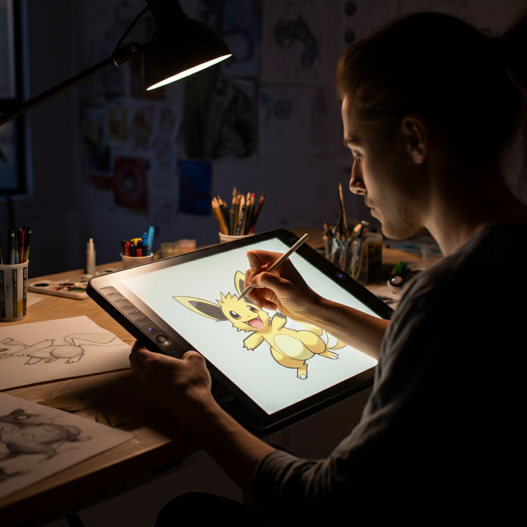 A brightly lit art studio. An artist is sketching a Pokémon character on a large drawing tablet. The scene captures the creative process and the attention to detail involved in character design.